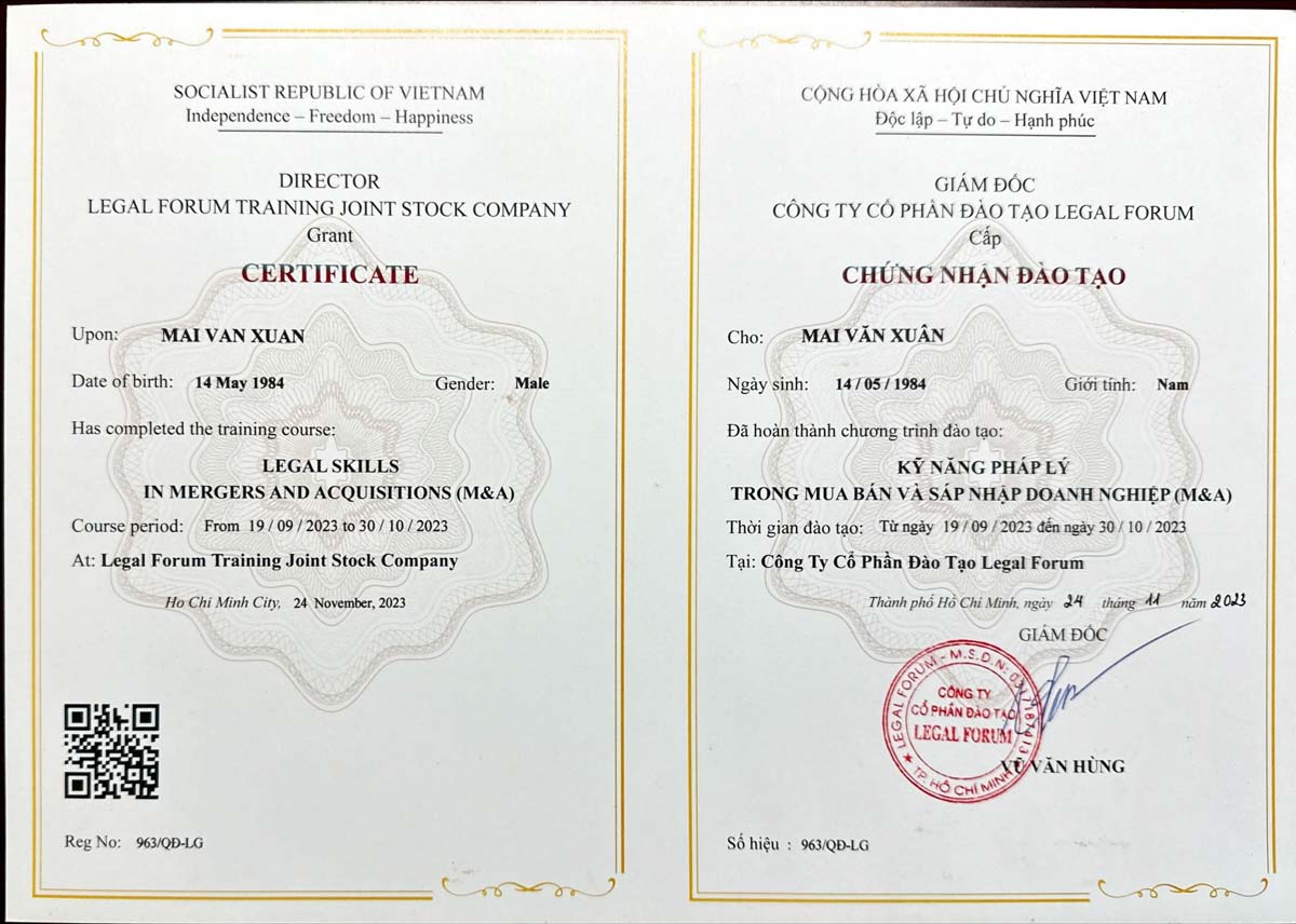 Chứng nhận Kỹ năng pháp lý trong Mua bán và Sáp nhập doanh nghiệp (M&A)