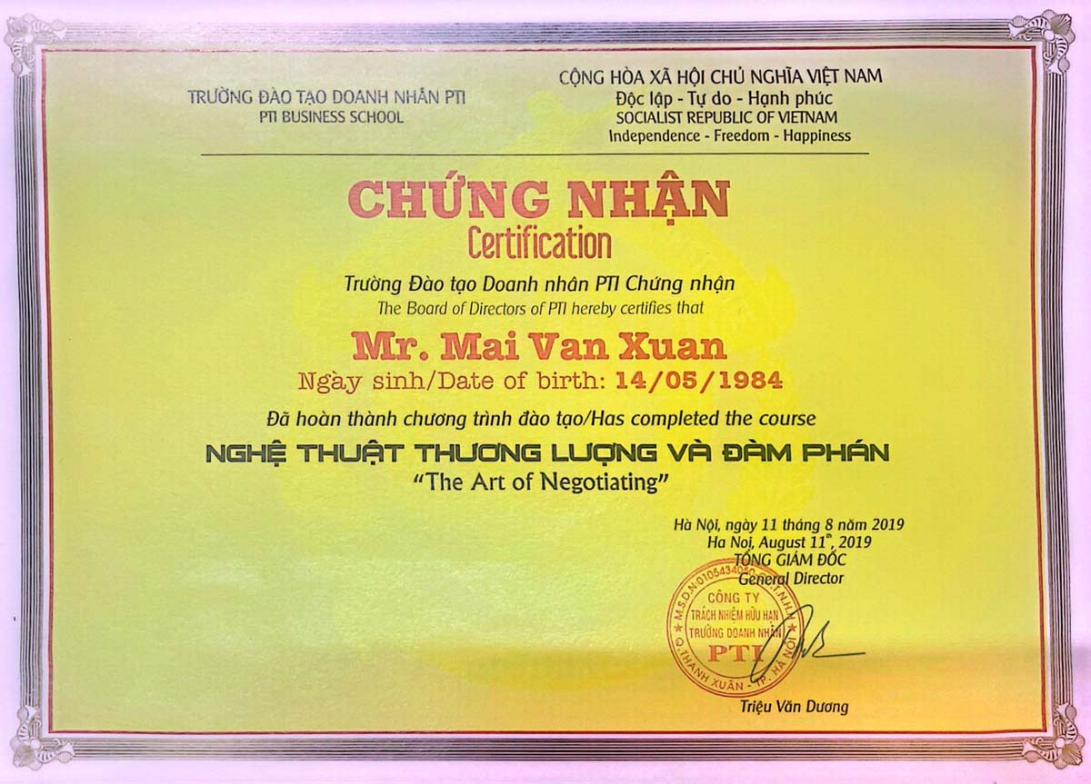 Chứng nhận hoàn thành chương trình đào tạo Nghệ thuật thương lượng và Đàm phán